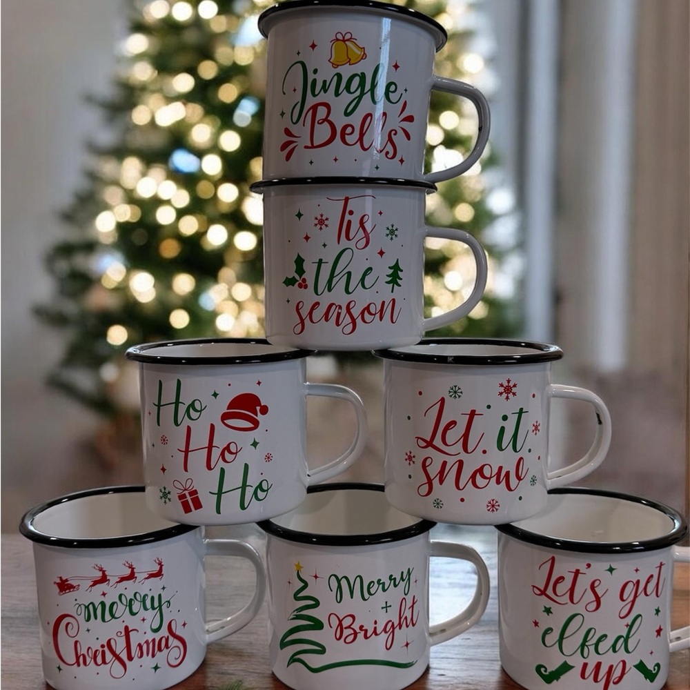 Source Unknown White Holiday Enamel Mugs Set with Red & Green Festive Lettering